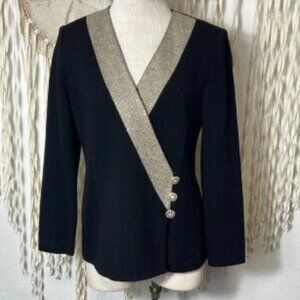 St. John Evening Santana Knit Crossover Blazer with Gold Lapel Accent Size 6